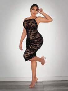 SHEIN SXY Black See Through Mesh Flocked Bodycon Spaghetti Strap Dress - Black - View 5