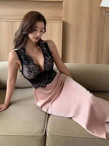 DAZY Satin & Lace Contrast Color See-Through Waist Bodycon Sleep Dress Pajama