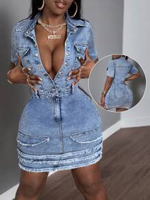 Slaydiva Flap Pocket Button Front Denim Dress For Holiday - Medium Wash - View 1