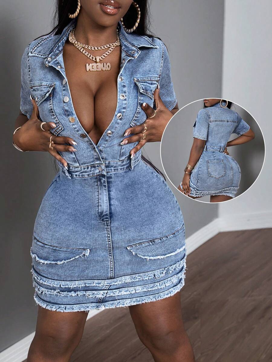 Slaydiva Flap Pocket Button Front Denim Dress For Holiday - Medium Wash - View 1