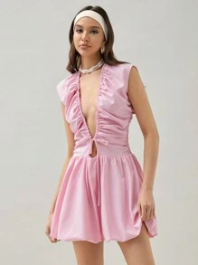 COSMINA Vestido de burbuja sexy para mujer en unicolor con plisados y escote pronunciado en V para el verano - Rosa - Ver 5