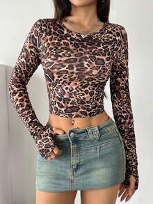 SHEIN Unity Leopard Print Rounded Neck Slim Fit Long Sleeve Top With Thumb Hole, Casual Vacation - Multicolor - View 7