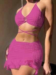 SHEIN Swim 女士纯色圆形链接性感比基尼套装，适合夏季海滩，带罩裙 - 玫紅色 - 查看 1