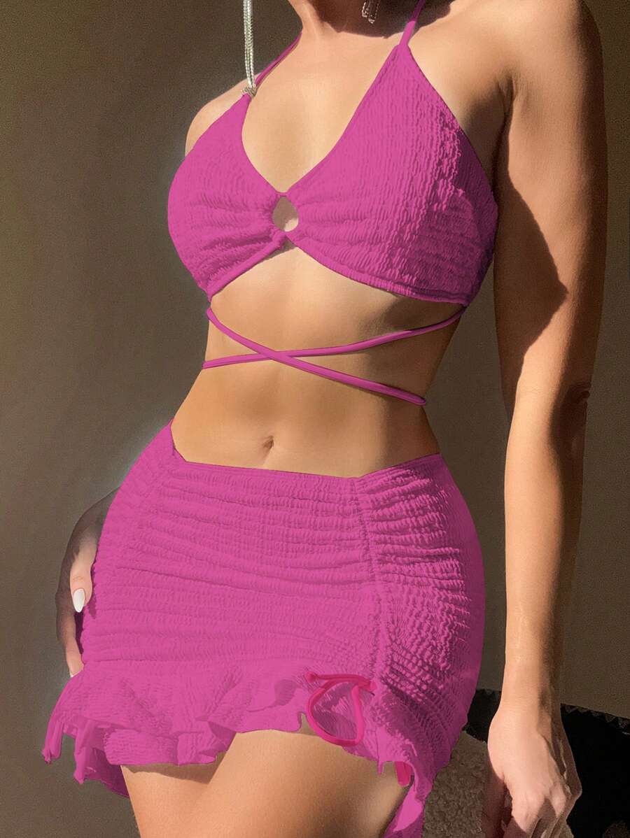 SHEIN Swim 女士纯色圆形链接性感比基尼套装,适合夏季海滩,带罩裙 - 玫紅色 - 查看 1