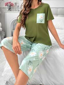 Floral Print Pocket Patched PJ Set / Pajama Set - Green - View 1