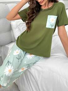 Floral Print Pocket Patched PJ Set / Pajama Set - Green - View 3