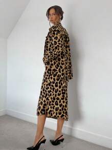 SHEIN Essnce 2pcs Women Leopard Print Shirt & Dress Suit Set, Autumn Outfit, Female Apparel, Leopard Pattern Clothing, 2-Piece Set, Ladies Office Suit, Long Sleeve Shirt, Leopard Print