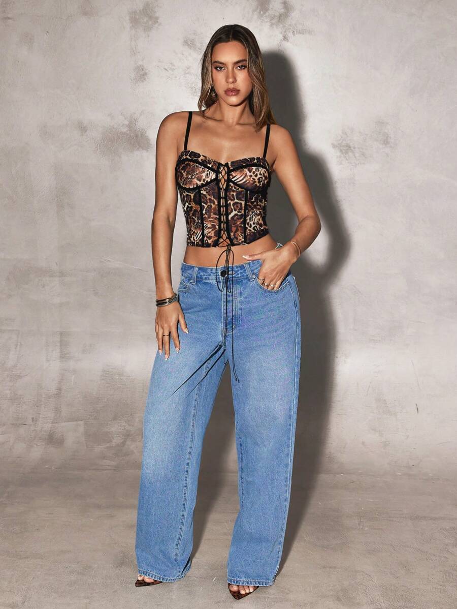 SHEIN BAE 女士时尚豹纹交叉短款细肩带上衣，夏季 - 彩色 - 查看 1