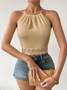 Firerie Top veraniego sin espalda con panel de encaje guipur y halter para mujer - Caqui - Ver 6