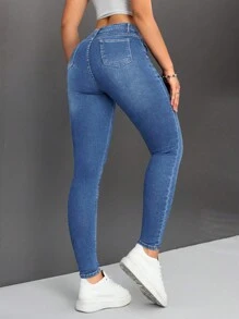 SHEIN PETITE Casual Slim Fit Skinny Jeans, Water Washed - Medium Wash - View 2