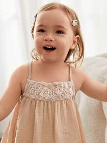 Cozy Pixies Young Girl 2pcs/Set Embroidered Mesh Contrast Color Bowknot Tank Top And Casual Loose Pants For Daily Wear - Apricot - View 3