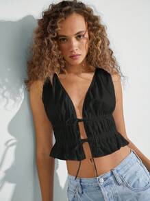 WESTFADE Summer Tie 100% Cotton Sleeveless Blouse - Black - View 1