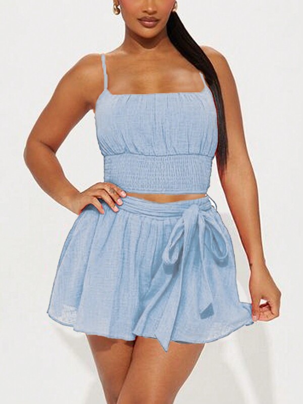 SHEIN SXY مجموعة نسائية مؤلفة من قطعتين من السترة العلوية والسروال الواسع الفضفاض مع الحزام، مثالي لقضاء العطلات الصيفية على الشاطئ أو في الغابات المطيرة