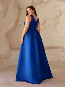 SHEIN Belle 大码深 V 领高开叉不对称蝴蝶结礼服，优雅晚礼服舞会婚礼宾客礼服，适合毕业典礼、晚宴派对礼服 - 寶藍色 - 查看 3