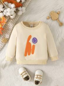 Áo nỉ dài tay thường ngày xuân thu cho bé trai có thêu mặt cười và chữ - Màu be - Xem 1