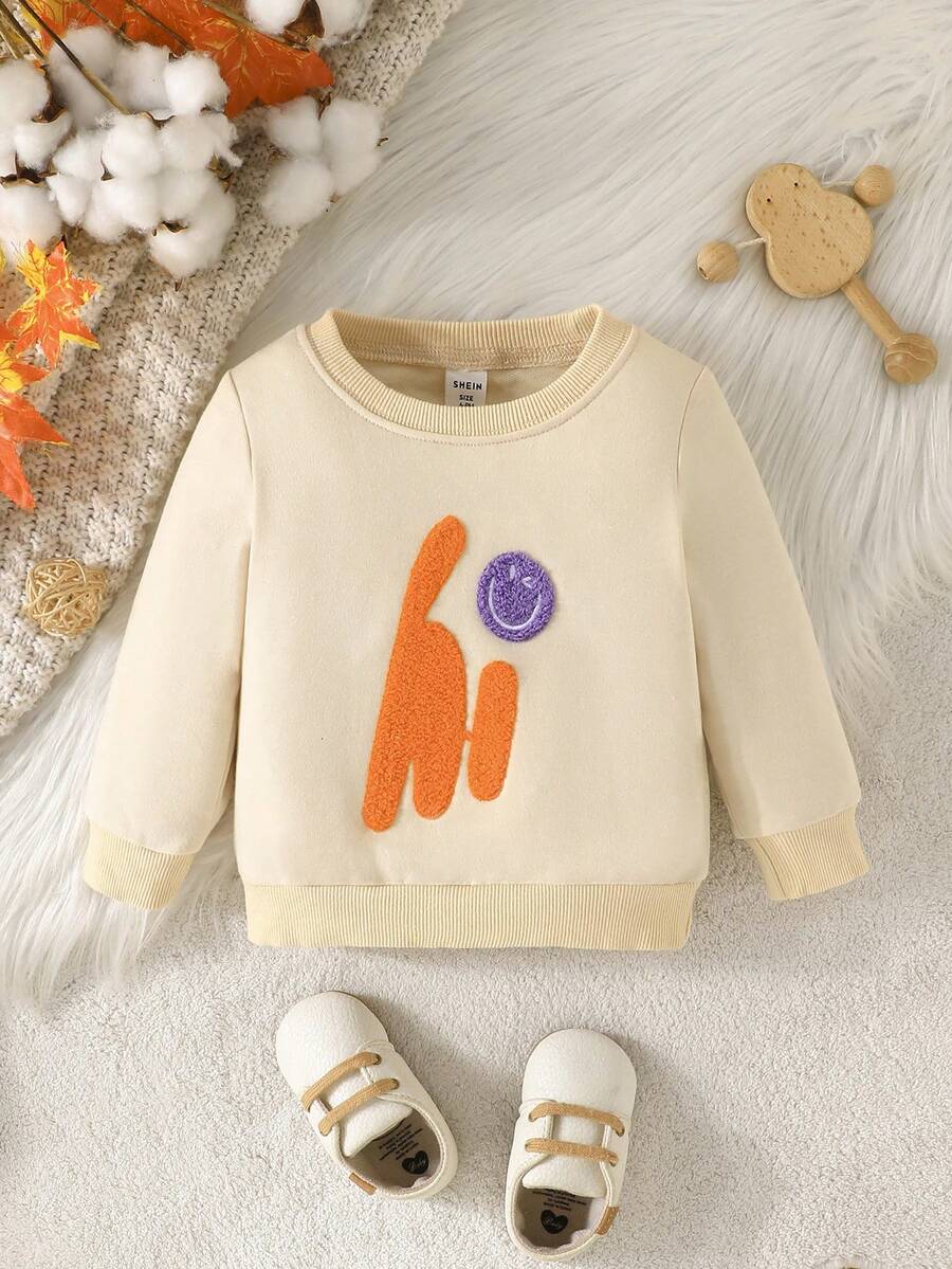 Áo nỉ dài tay thường ngày xuân thu cho bé trai có thêu mặt cười và chữ - Màu be - Xem 1