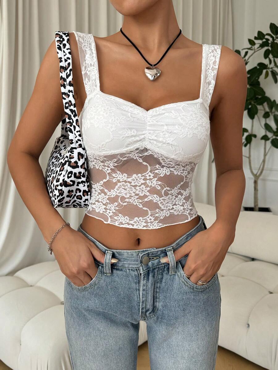 SHEIN EZwear Áo yếm ren gợi cảm có dây đeo rộng cho nữ, kỳ nghỉ thông thường - trắng - Xem 1
