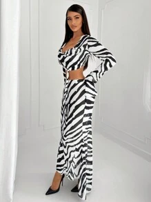 SHEIN SXY Women'ssimple Minimalist Commute Summer Fashion Zebra Print Draped Neck Short Sleeve Shirt And Mermaid Hem Skirt Set - Black and White - View 3