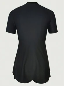 SHEIN Swim Women's Surfing Short Sleeve Round Neck Top And Slim-Fit Outdoor Sports Shorts - Black - View 2