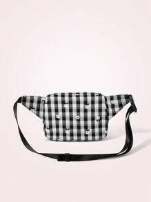 SHEIN MOD 女士簡約休閒格紋腰包，帶拉鍊和多個口袋 - 黑色 - 查看 4