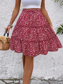 SHEIN LUNE Women's Fresh Ditsy Floral Ruffle Hem Skirt (Random Print) For New Year Clothes