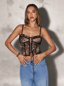 SHEIN BAE 女士时尚豹纹交叉短款细肩带上衣，夏季 - 彩色 - 查看 5