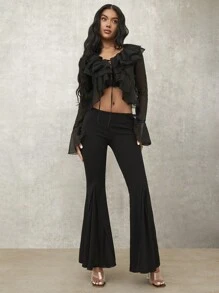 SHEIN BAE 女式夏季阔腿裤，休闲阔腿喇叭裤，适合海滩、约会、泳池派对，优雅低腰性感喇叭裤外出装返校服装 - 黑色 - 查看 4