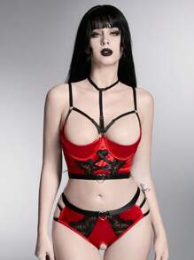 ROMWE Goth Vrouwen Underwire Halternek Beha Tops & Driehoek Slipjes Satijn Lingerieset In , Sexy
