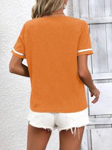 SHEIN LUNE 女款休閒V領T恤，帶對比色邊飾，適用於夏季 - 橘色 - 查看 3