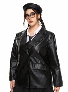 ROMWE Academia College-Stil Große Größen Schule Jacke aus PU-Leder, lose gerade Schlauchjacke