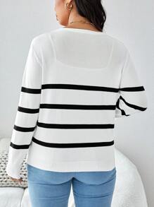 SHEIN LUNE Plus Size Striped Printed Casual Cardigan With Single-Breasted Button For Autumn & Winter - Black and White - View 2