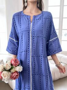 Al Najma Vestido modesto de manga larga para verano con dobladillo de volantes bordados de ojal