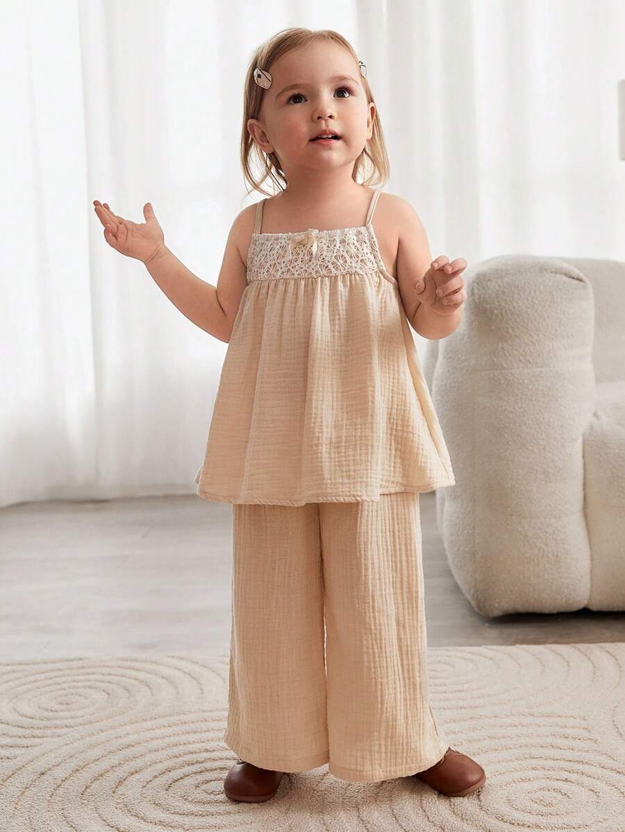 Cozy Pixies Young Girl 2pcs/Set Embroidered Mesh Contrast Color Bowknot Tank Top And Casual Loose Pants For Daily Wear - Apricot - View 1