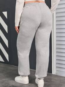 RueChic Plus Size  Ladies' Drawstring Waist Solid Color Jogging Pants - Light Grey - View 2