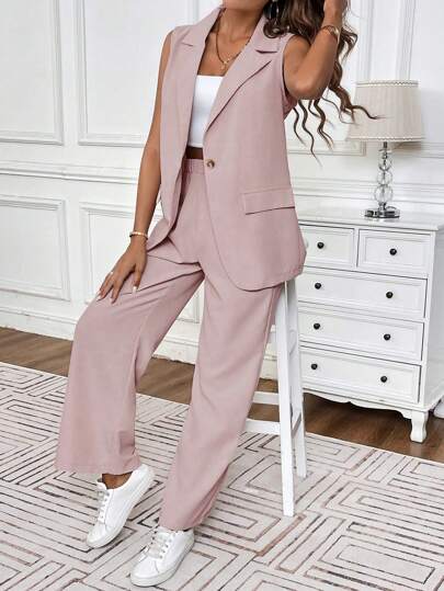 EMERY ROSE Ladies' Summer Casual Solid Color Vest And Long Pants Business Suit