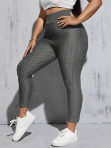 SHEIN Essnce Plus Size Women's High-Waist -Lifting Textured Fabric Leggings,Plain Grey,Sommar,Casual,Gym Sports Pants,Curvy Summer Bottoms,Black Outfits - Grey - View 2