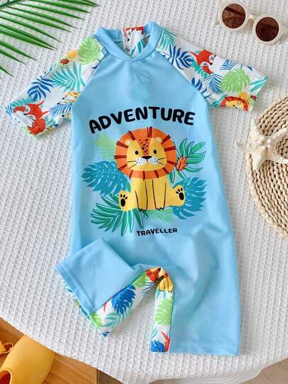 SHEIN 1pc Young Boy Casual & Comfortable Cartoon Tiger Printed Breathable & Soft Jumpsuit Swimsuit Suitable For Vacation, Spring And Summer