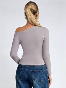 SHEIN Unity Women's Asymmetric Shoulder Neckline Design Long Sleeve Slim-Fit Gentle Charm Gentle Knit Sweater, Knit Pullover Fall Winter - Grey - View 2