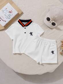 SHEIN Baby Jungen/Mädchen College Stil niedlicher gestrickter Cartoon Farbblock Polo Kurzarm Top und Shorts Set, geeignet für den Sommer