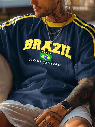 Manfinity Dauomo 男士大尺碼圓領印花休閒短袖T恤，夏季