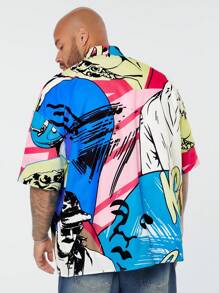Manfinity VCAY Men's Plus Size Casual Graffiti Character Print Wide-Legged Drop-Shoulder Short Sleeve Shirt With Lapel Collar, Ideal For Summer - Multicolor - View 5