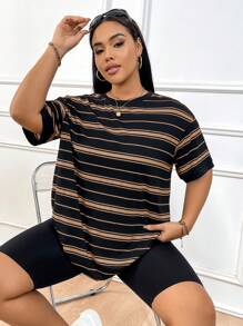 Solflare Plus Size Nữ Mùa Hè Và Đầu Thu Trở Lại Trường Học Mùa Thể Thao Ngoài Trời Trong Nhà Bình Thường Hàng Ngày Đàn Hồi Dệt Kim Sọc Đen Trắng Thiết Kế Khối Màu Cổ Tròn Rớt Vai Tay Ngắn Áo Thể Thao Dài Tay Dài Tay - Màu Khaki - Xem 4