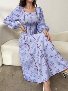 Modelyn 女士花卉印花简约长袖连衣裙，日常穿着长款晚礼服 - 淺灰紫 - 查看 4