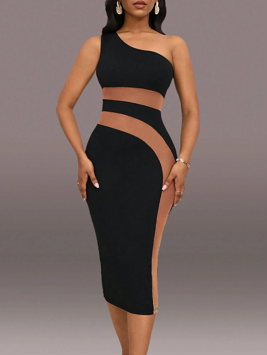 SHEIN Slayr Colorblock One Shoulder Split Back Bodycon Dress - Black - View 1