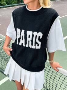 EURMUSE Women Paris Texted Brushed Yarn Sweater West - Black and White - View 3