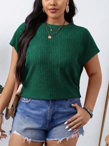 SHEIN LUNE Áo cánh dơi họa tiết trơn thường ngày cỡ lớn mùa hè - Màu xanh lá cây đậm - Xem 5