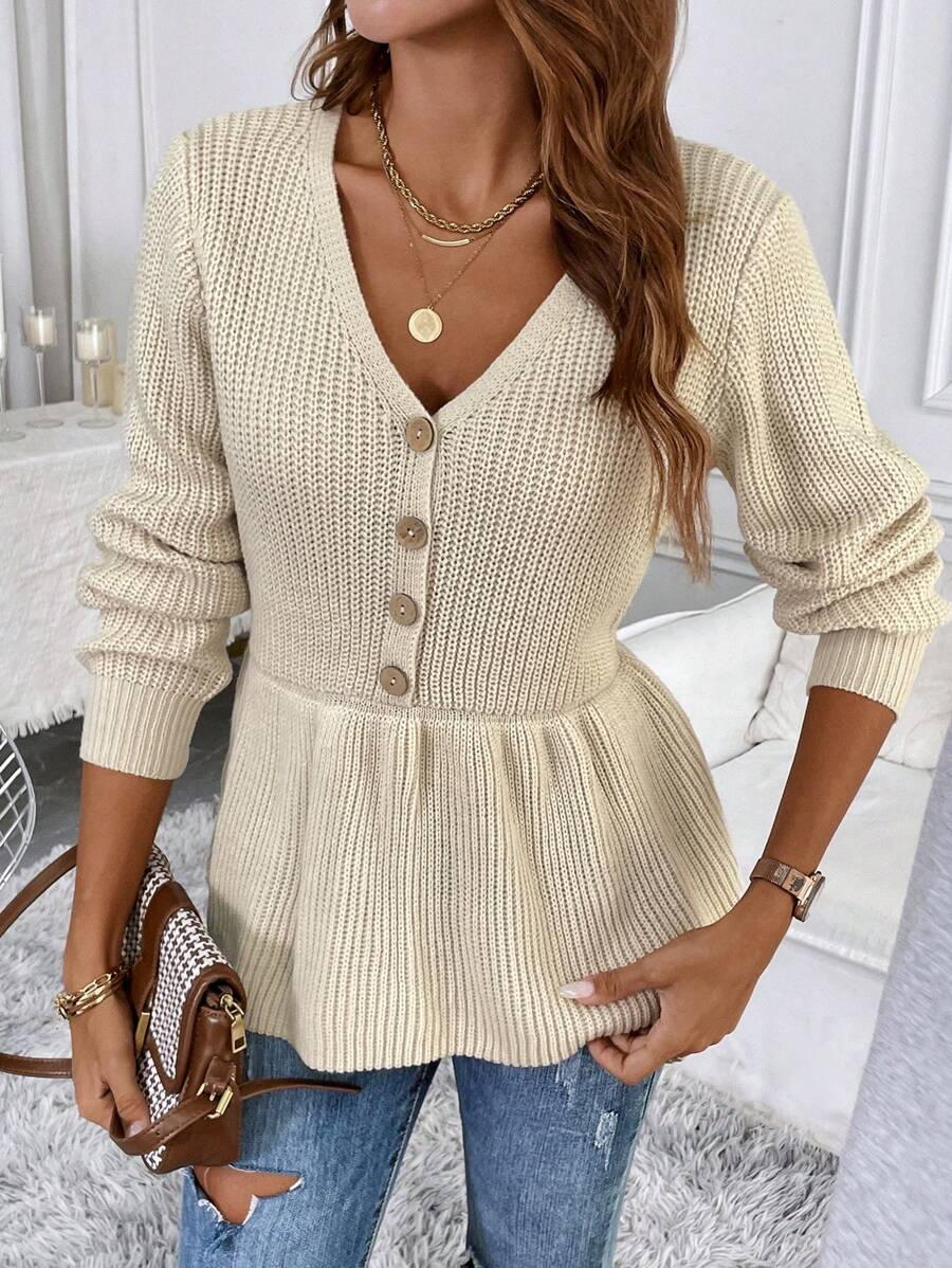 SHEIN LUNE Women's V-Neck Button Long Sleeve Sweater With Ruffled Hemline, Elegant & Fashionable Knit Pullover Fall Winter Outfit