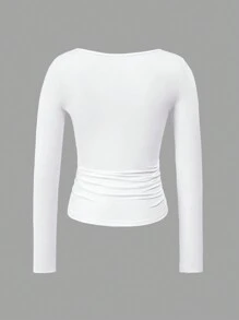 Vaiaye Women's Spring/Summer Y2K Square Neck Long Sleeve Fitted T-Shirt, Solid Color Sexy Top, Suitable For Valentine's Day - White - View 4