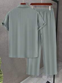 Manfinity Homme Men's Plain & Simple Daily Wear Short Sleeve Shirt And Long Pants Set, 2pcs, Cozy Outfits - Light Grey - View 2