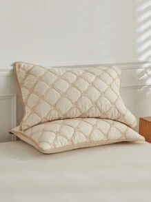 3入組卡其色菱形格紋刺繡聚酯棉被套套裝，簡約日式風格床單枕套套裝，適用於四季